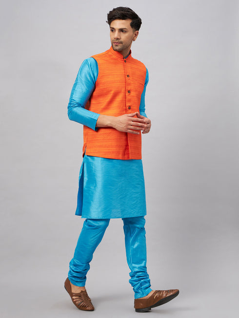 Vastramay Men's Orange Matka Silk Nehru Jacket With Aqua Blue Silk Blend Kurta and Pyjama Set